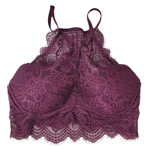 Victoria's Secret PINK High-Neck Bralette Purple Medium Lace Adj Scalloped Edges - Picture 1 of 10